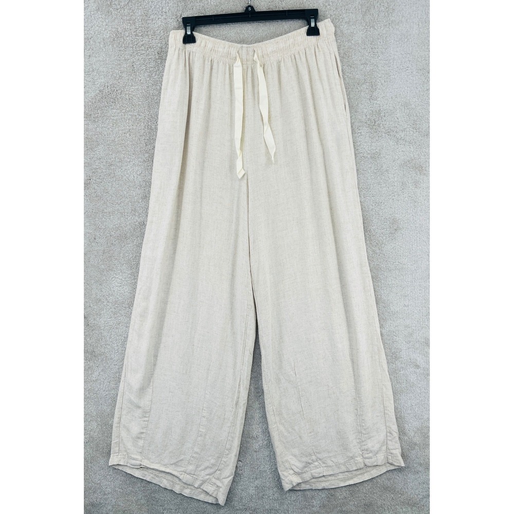 Zenana Wide‎ Leg Linen Blend Pants Womens L Beige Drawstring Beachy Coastal